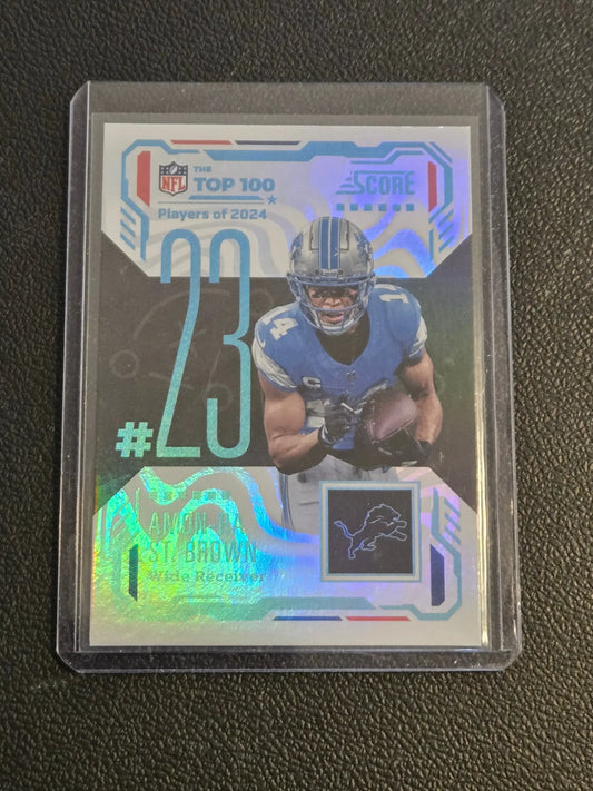 NFL football trading card of Amon-Ra St. Brown from 2025 Score Top 100 series
