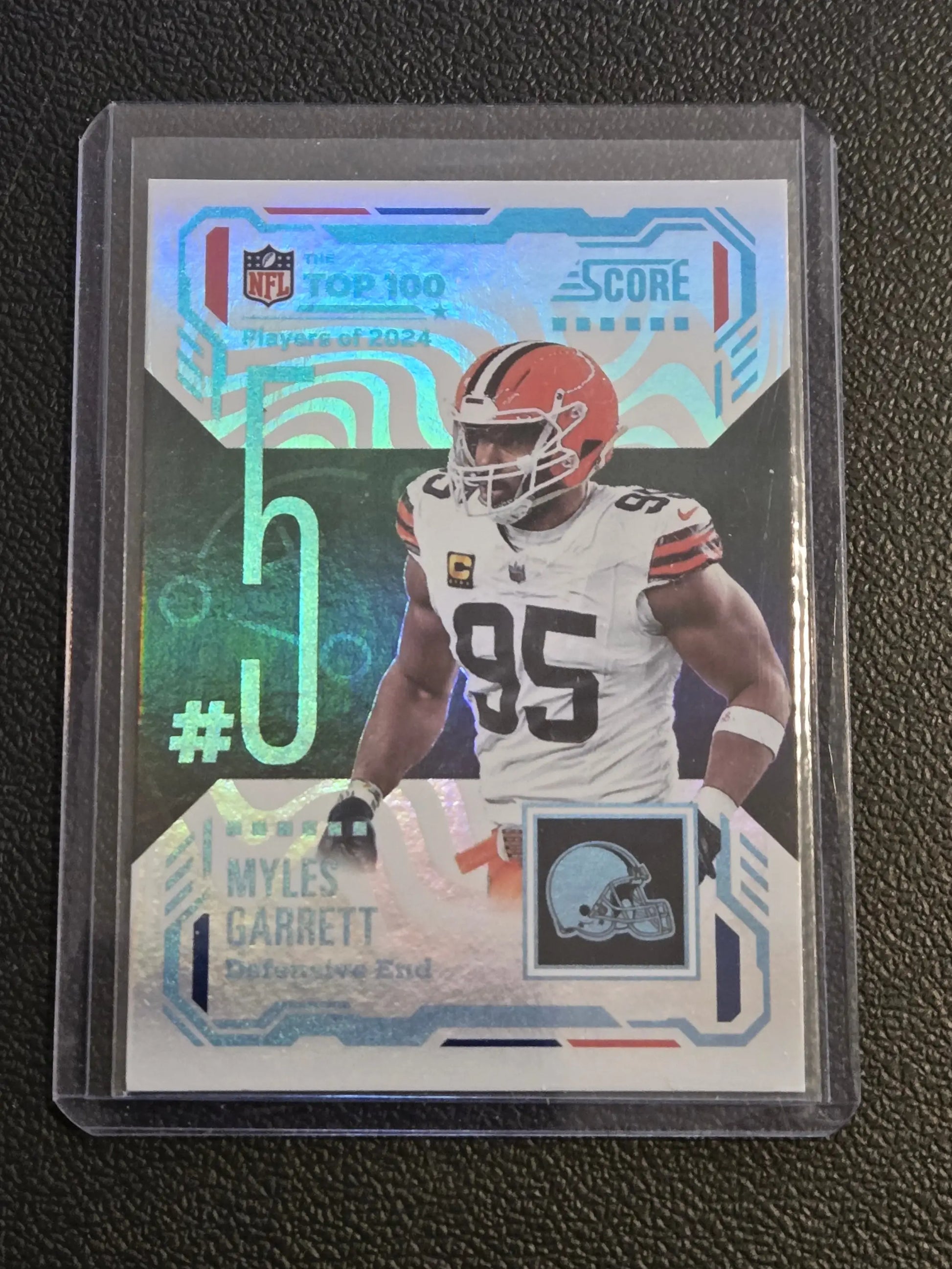 2025 Score Myles Garrett Top 100 football trading card in Cleveland Browns uniform