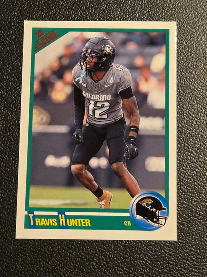 Football trading card featuring Travis Hunter in Colorado Buffaloes uniform from 2025 Score Hunter Anniversary Rookies series