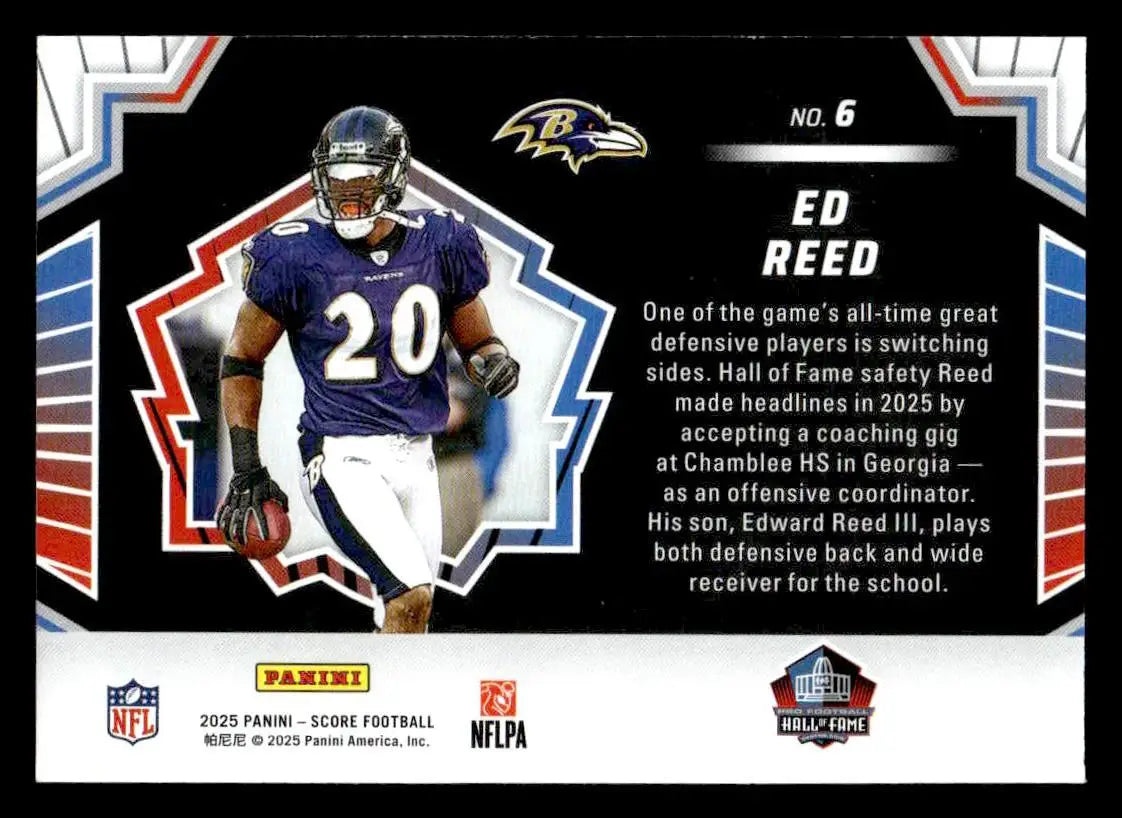2025 Score Ed Reed football card featuring Baltimore Ravens legend in Men of Canton collection