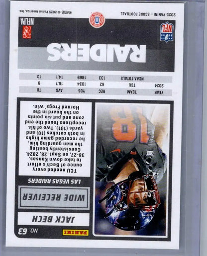 2025 Score #63 Jack Bech football card displayed in a collectible sports card product