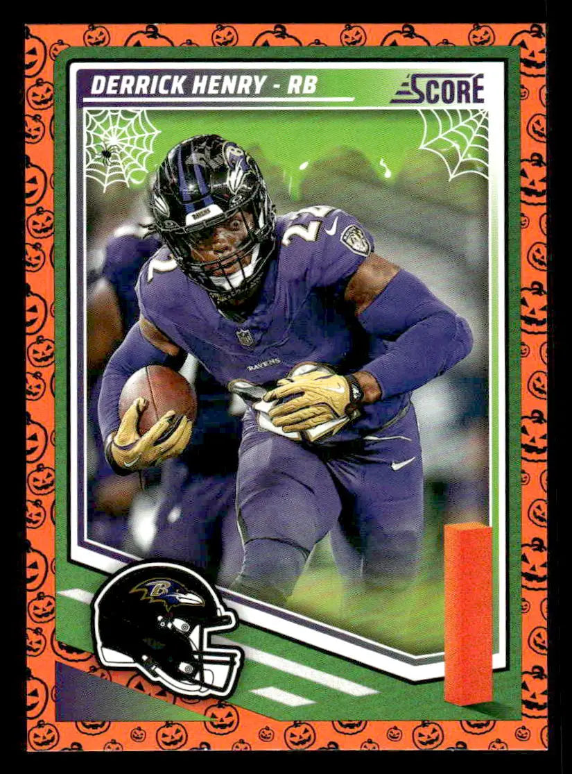 Halloween-themed Derrick Henry football trading card featuring Baltimore Ravens player action
