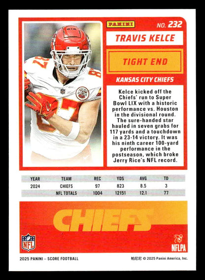 Football trading card featuring Travis Kelce from Kansas City Chiefs 2025 Score-A-Treat