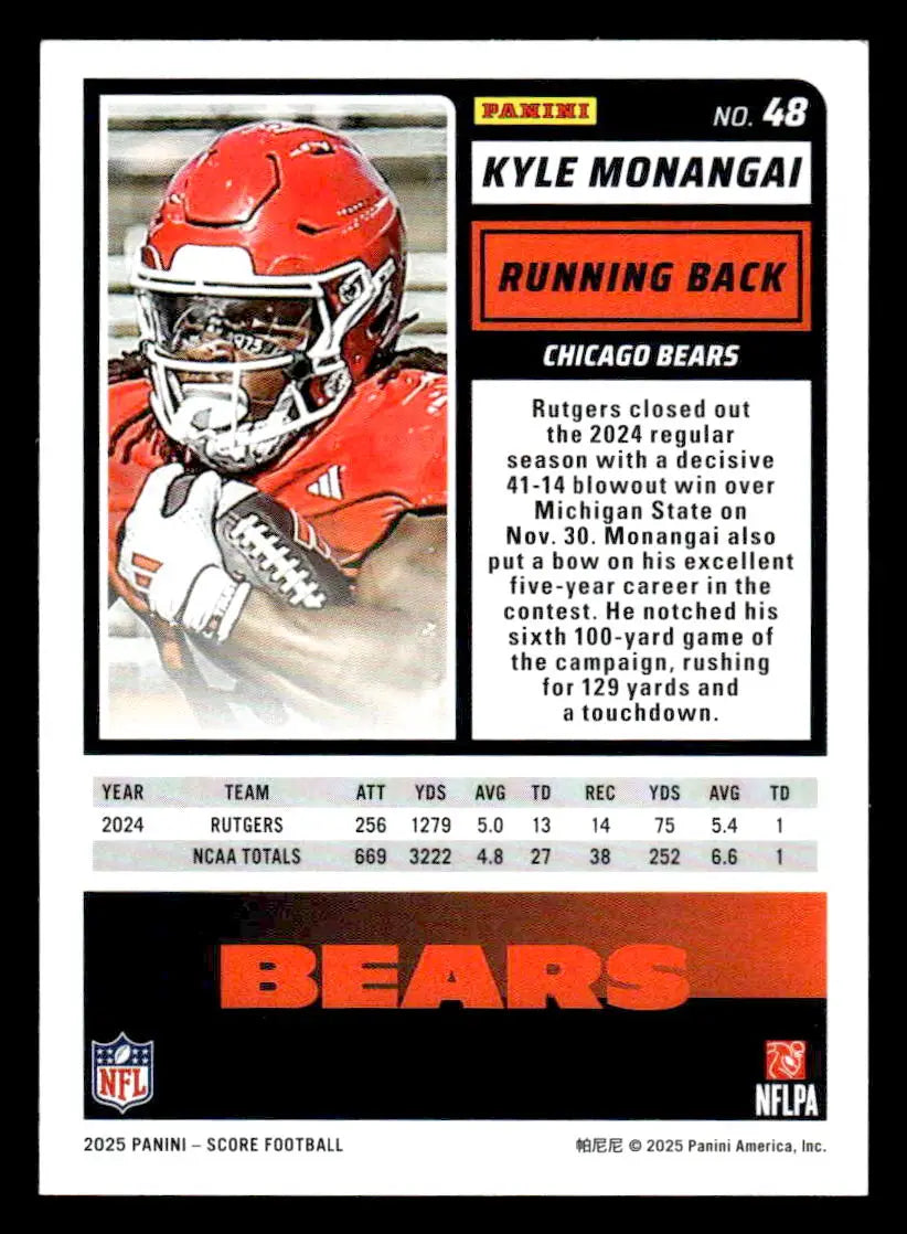 Football trading card featuring Kyle Monangai in a red jersey and helmet for Chicago Bears