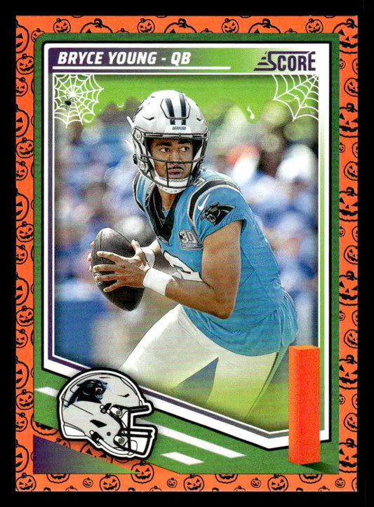 Halloween-themed Bryce Young football trading card featuring Carolina Panthers design
