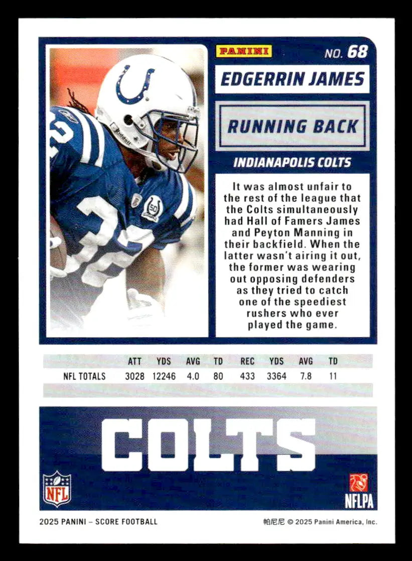 American football trading card featuring Edgerrin James of the Indianapolis Colts in 2025 Score-A-Treat #68