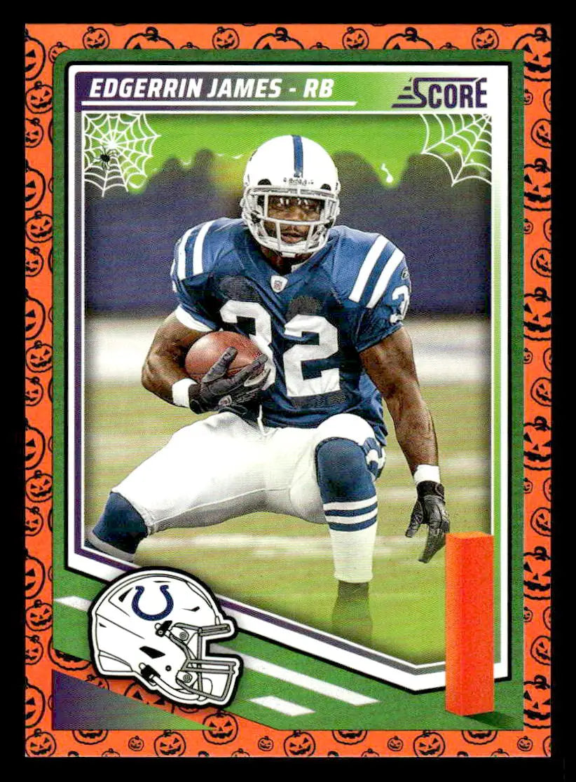 Football trading card featuring Edgerrin James in Indianapolis Colts uniform holding a football