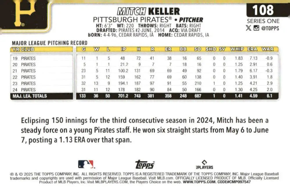 Baseball card back featuring Mitch Keller of the Pittsburgh Pirates2025 Topps #108