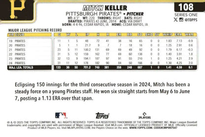 Baseball card back featuring Mitch Keller of the Pittsburgh Pirates2025 Topps #108