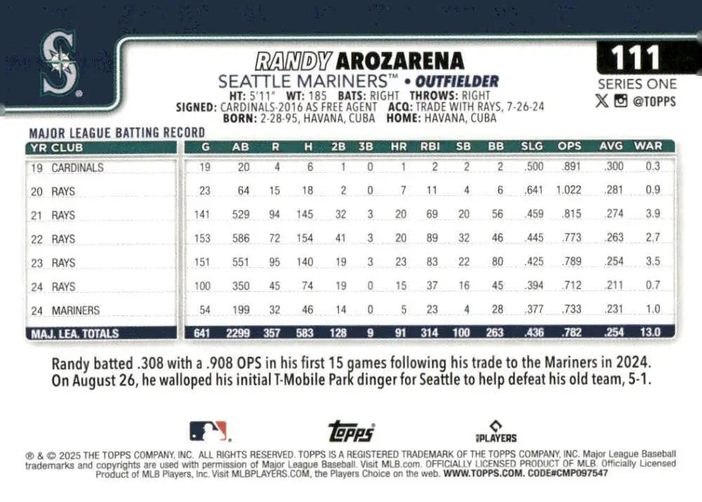 2025 Topps Randy Arozarena baseball card featuring Seattle Mariners player NM-MT condition