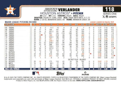 2025 Topps Justin Verlander Houston Astros Baseball Card with Player Statistics