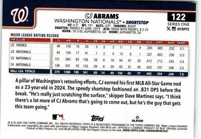 2025 Topps #122 CJ Abrams Washington Nationals baseball card featuring Abrams baseball star