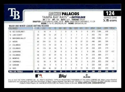 Back of 2025 Topps Richie Palacios baseball card featuring Tampa Bay Rays player