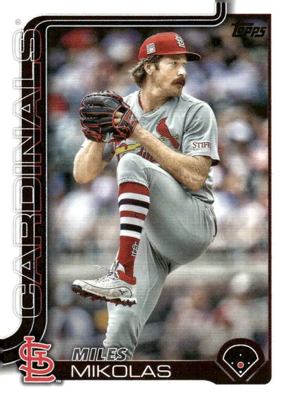 2025 Topps Miles Mikolas baseball card featuring St Louis Cardinals player