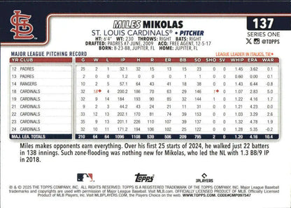 2025 Topps Miles Mikolas Baseball Card featuring St Louis Cardinals player outdoors