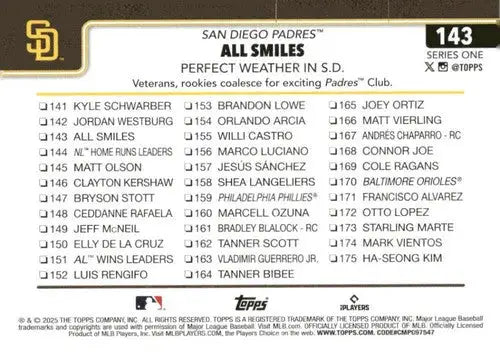 Baseball card checklist featuring 2025 Topps Manny Machado NM-MT Padres ID 78470