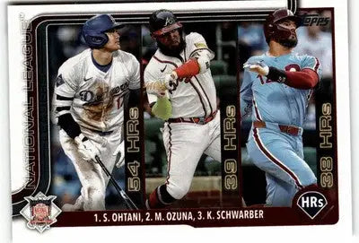Baseball card featuring Shohei Ohtani, Marcell Ozuna, and Kyle Schwarber from 2025 Topps