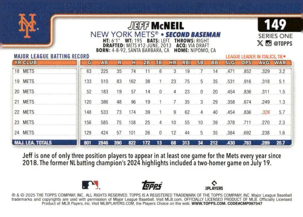 Jeff McNeil baseball card from 2025 Topps #149 featuring New York Mets player