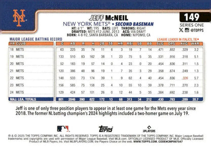 Jeff McNeil baseball card from 2025 Topps #149 featuring New York Mets player