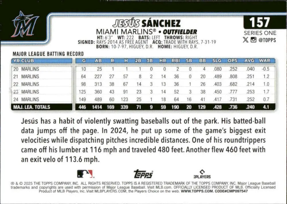 Baseball card back featuring Jesus Sanchez Miami Marlins 2025 Topps #157 NM-MT