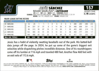 Baseball card back featuring Jesus Sanchez Miami Marlins 2025 Topps #157 NM-MT