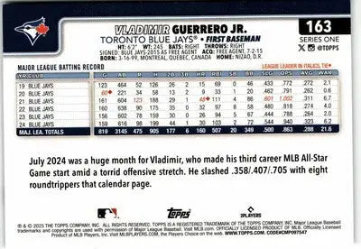 Vladimir Guerrero Jr. baseball card from 2025 Topps #163, Toronto Blue Jays collectible