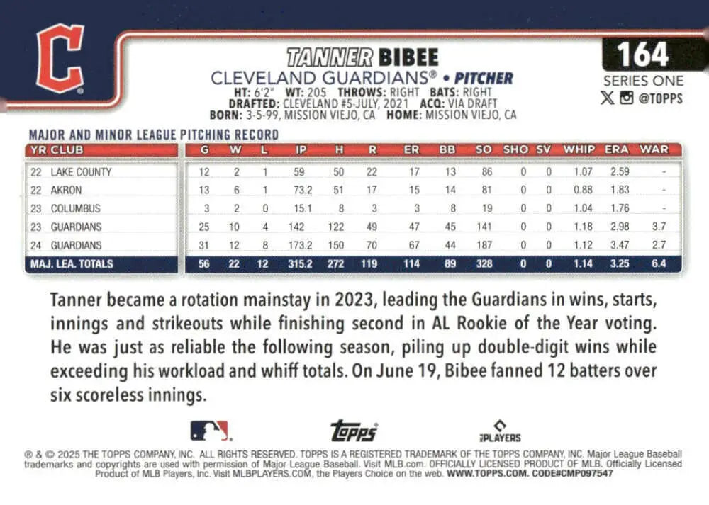 2025 Topps Tanner Bibee Cleveland Guardians baseball card NM-MT product image