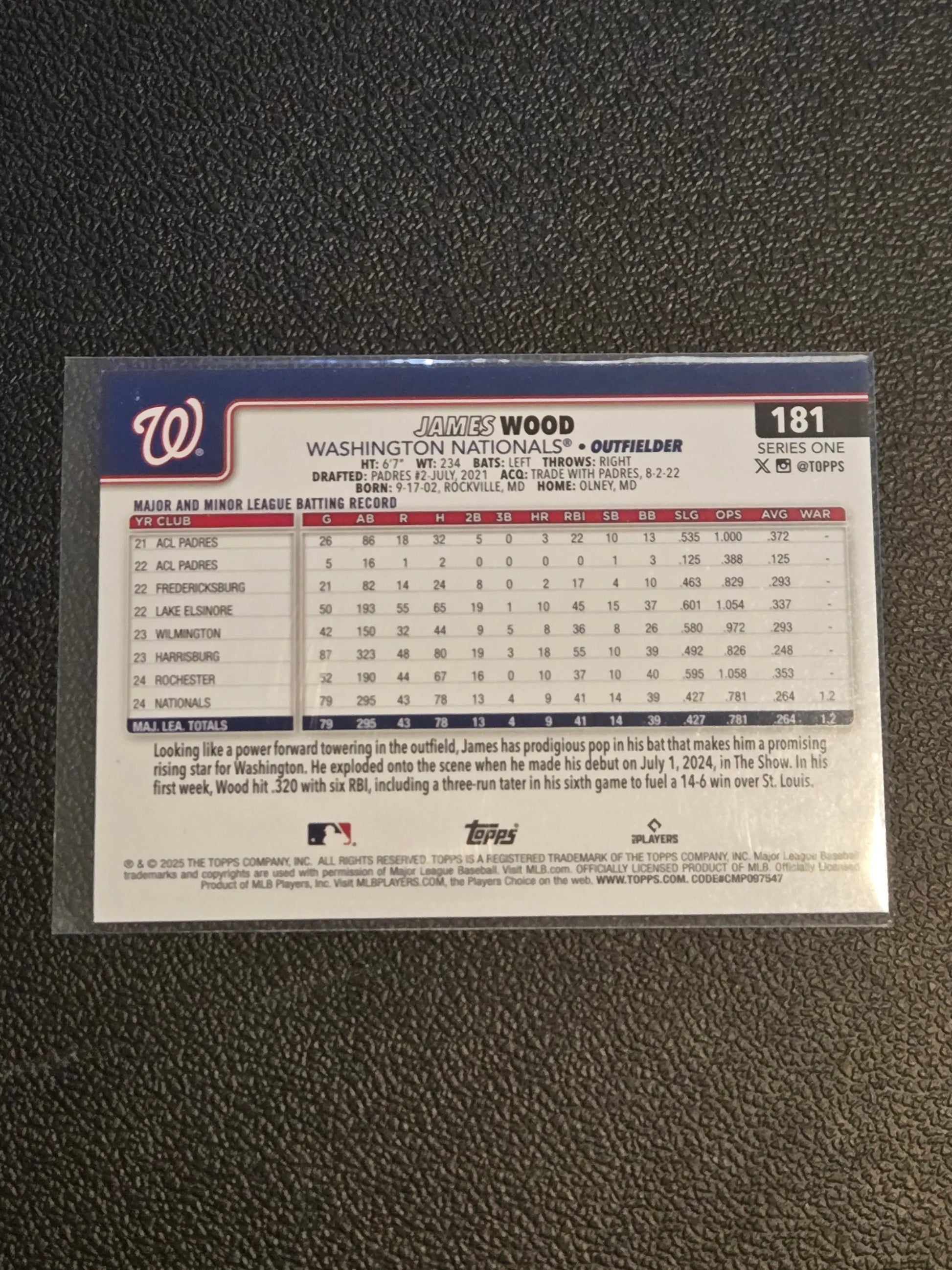 2025 Topps James Wood baseball card in protective sleeve for collectors