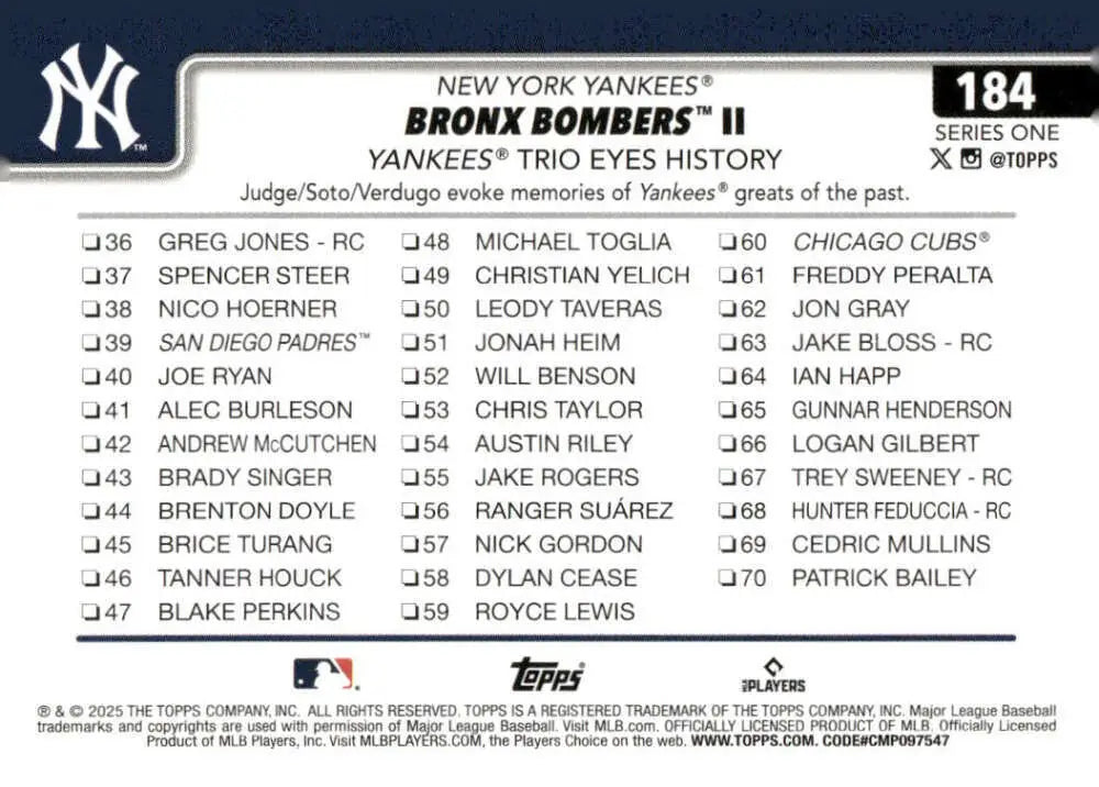 Baseball card checklist featuring 2025 Topps Aaron Judge NY Yankees collectible