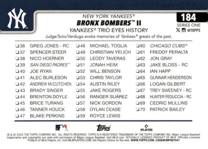 Baseball card checklist featuring 2025 Topps Aaron Judge NY Yankees collectible