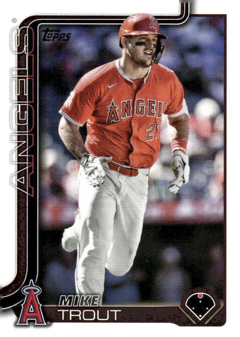 2025 Topps Mike Trout baseball card featuring Los Angeles Angels player on display