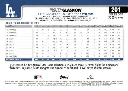 Baseball trading card with Tyler Glasnow stats from 2025 Topps #201 Dodgers