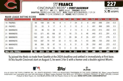 Cincinnati Reds baseball card featuring Ty France from 2025 Topps #227 NM-MT