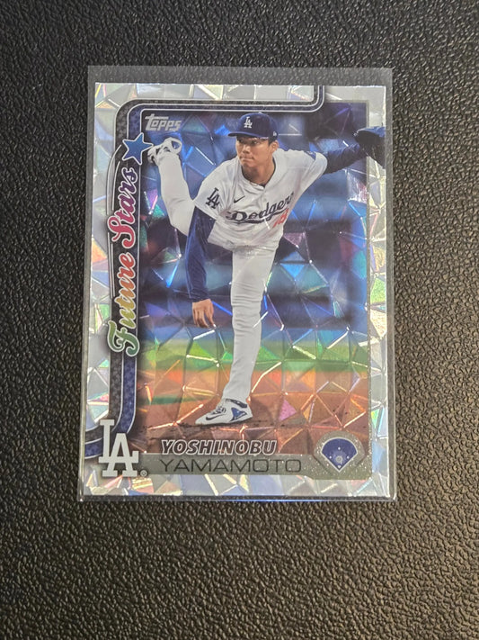 Yoshinobu Yamamoto Diamante foil baseball card with holographic background in 2025 Topps