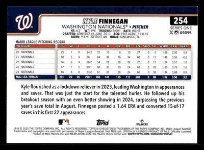 2025 Topps Kyle Finnegan baseball card featuring Washington Nationals pitcher Kyle Finnegan