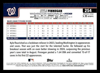Back of 2025 Topps Kyle Finnegan baseball card featuring pitcher Kyle Finnegan of the Washington Nationals