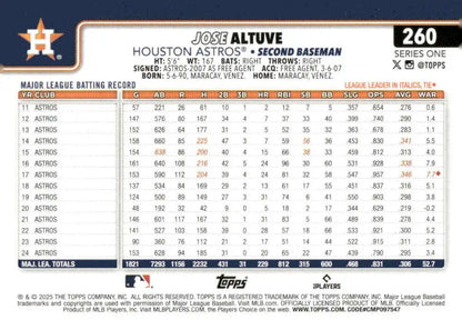 Jose Altuve Houston Astros baseball card from 2025 Topps #260 NM-MT product