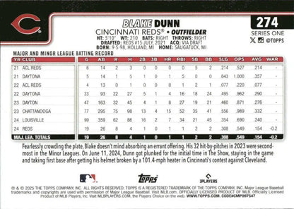 Blake Dunn Cincinnati Reds baseball card from 2025 Topps #274 rookie NM-MT