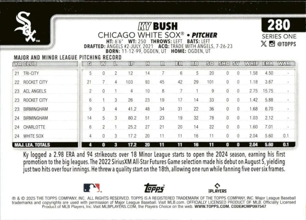 Chicago White Sox baseball card back from 2025 Topps Ky Bush rookie card