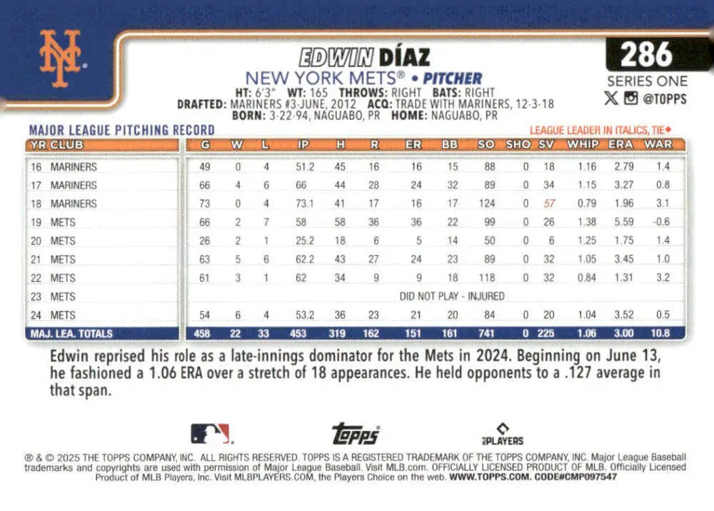 Edwin Diaz baseball card from 2025 Topps #286 featuring New York Mets player