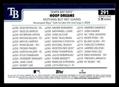 Back of 2025 Topps Hoop Dreams baseball card with player checklist Tampa Bay Rays