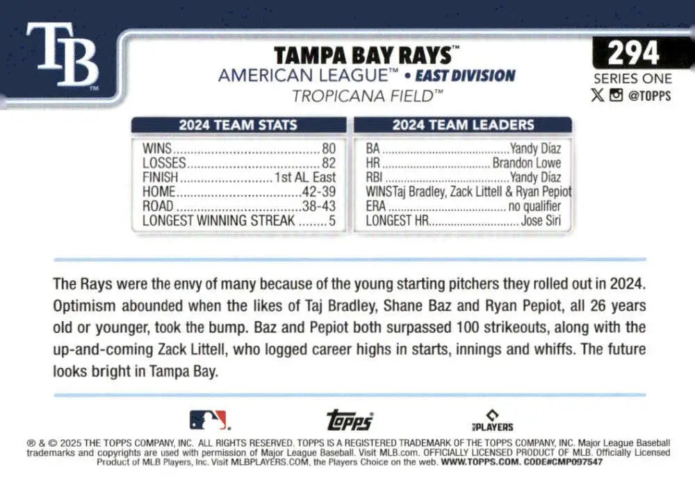 2025 Topps Tampa Bay Rays baseball card featuring Tampa Bay Rays player in NM-MT condition