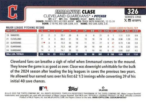 Baseball card featuring Emmanuel Clase of Cleveland Guardians with stats and highlights