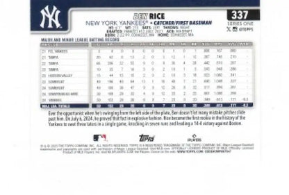 2025 Topps Ben Rice Rookie Card NY Yankees baseball card displayed
