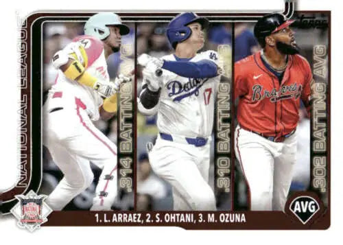 Baseball card featuring Luis Arraez, Marcell Ozuna, and Shohei Ohtani with original gloss