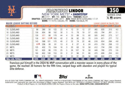 2025 Topps Francisco Lindor baseball card featuring New York Mets player
