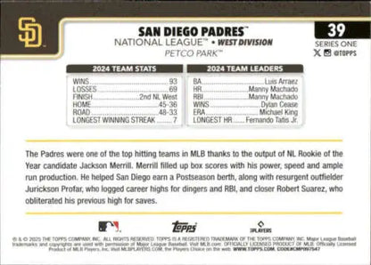 Baseball card back with original gloss from 2025 Topps San Diego Padres collection