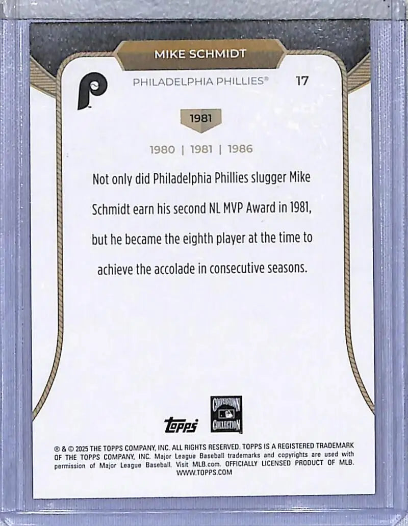 Back of 2025 Topps 3XMVP Mike Schmidt baseball card in NM-MT condition