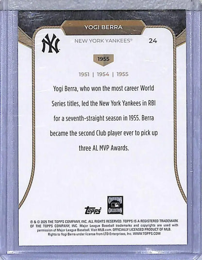 Yogi Berra baseball card from 2025 Topps 3XMVP series featuring New York Yankees icon