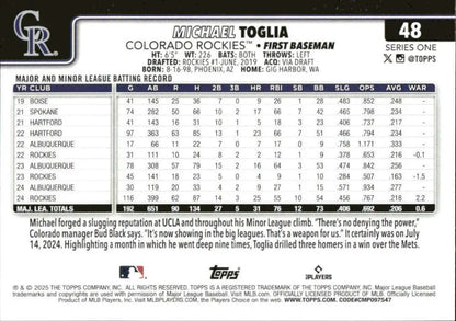 Michael Toglia Colorado Rockies baseball card from 2025 Topps #48 NM-MT